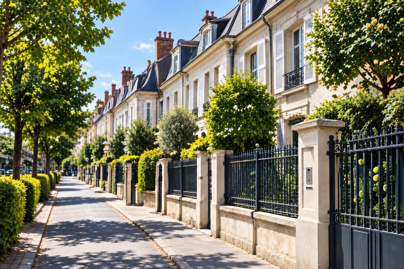 Rue résidentielle de Sceaux bordée de maisons en pierre, grilles en fer forgé et entrée de résidence avec interphone