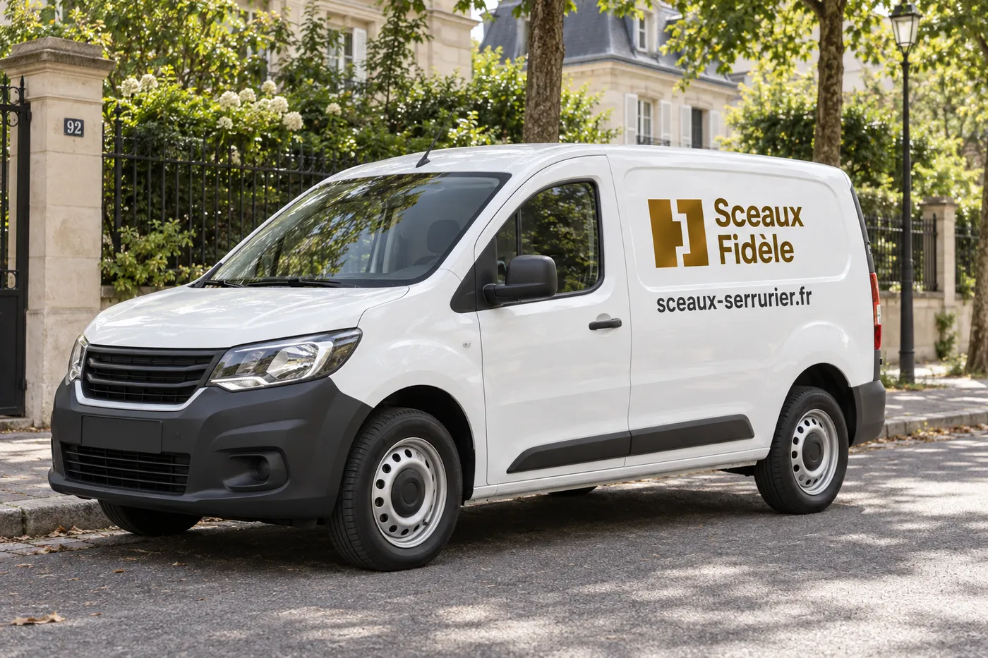 Fourgon blanc Sceaux Fidèle marqué sceaux-serrurier.fr garé dans une rue résidentielle de Sceaux