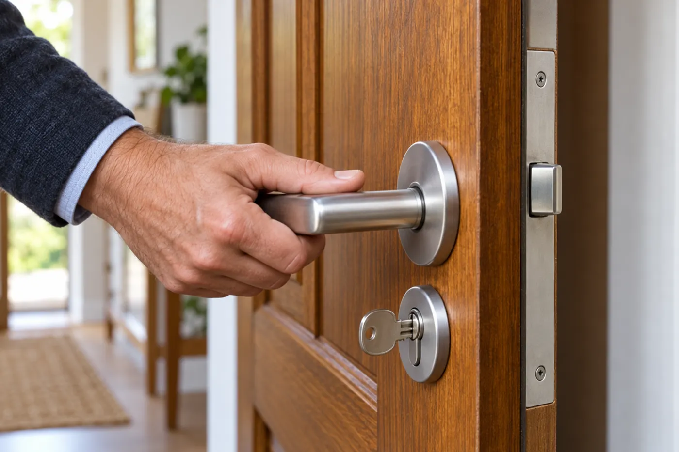 Porte d'entrée en bois ouverte, clé dans le cylindre, main sur la poignée, dans une maison de Sceaux