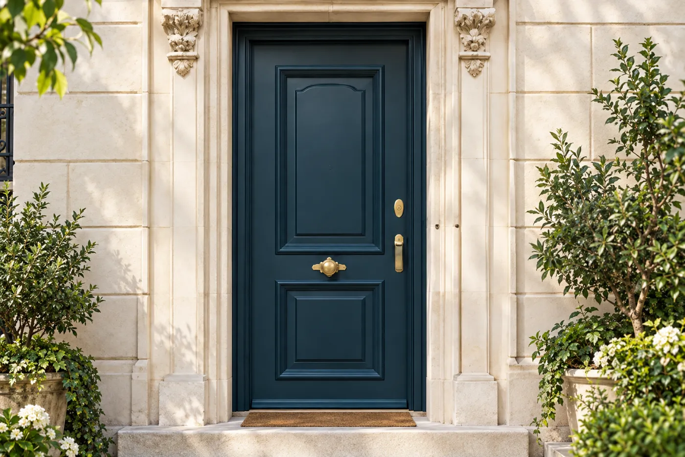 Porte d'entrée blindée vert sombre à moulures sur la façade en pierre claire d'une maison de Sceaux