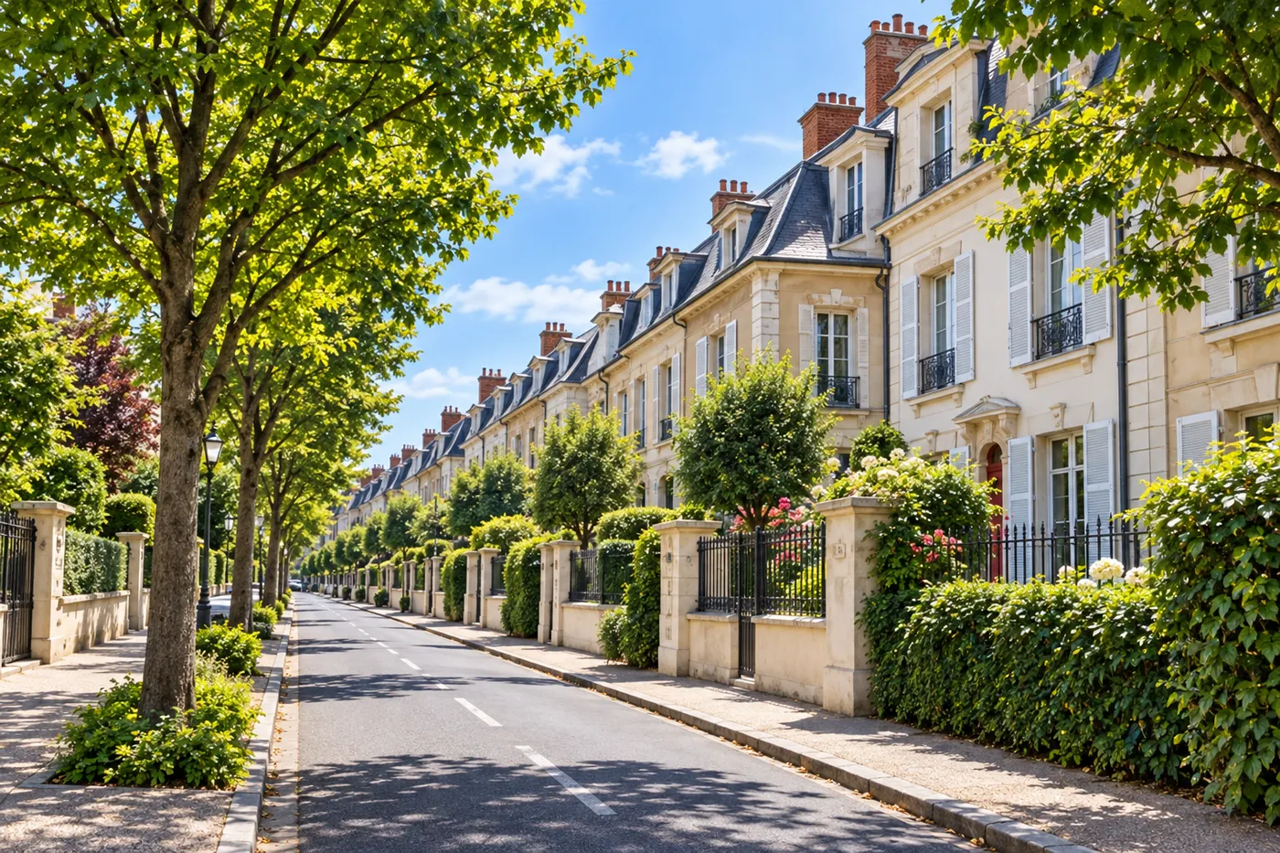 Avenue résidentielle arborée de Sceaux, maisons bourgeoises en pierre claire et grilles en fer forgé