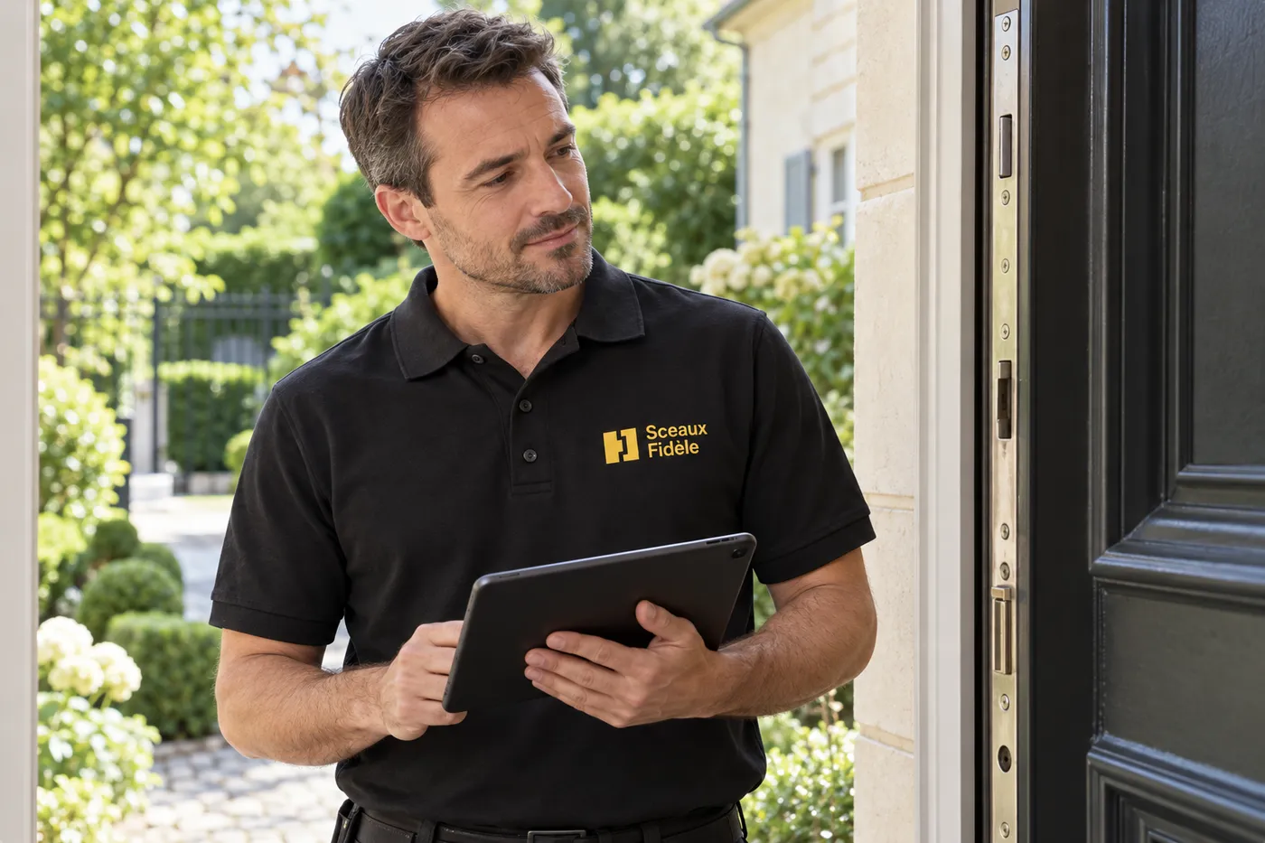 Serrurier Sceaux Fidèle en polo noir consultant un diagnostic sécurité sur tablette devant la porte d'une maison en pierre de Sceaux
